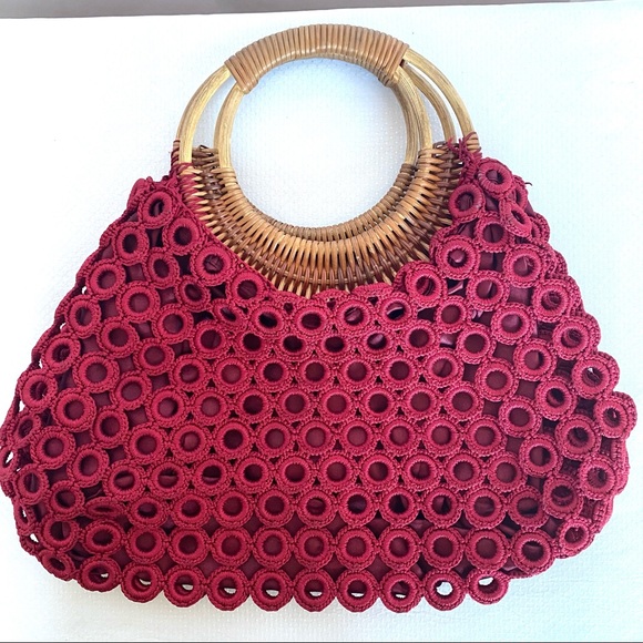 Handbags - Half Moon Crochet Boho Hand Bag Wooden Handles